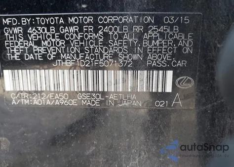 2015 Lexus Is 250 z USA, uszkodzony, nr VIN JTHBF1D21F5071372